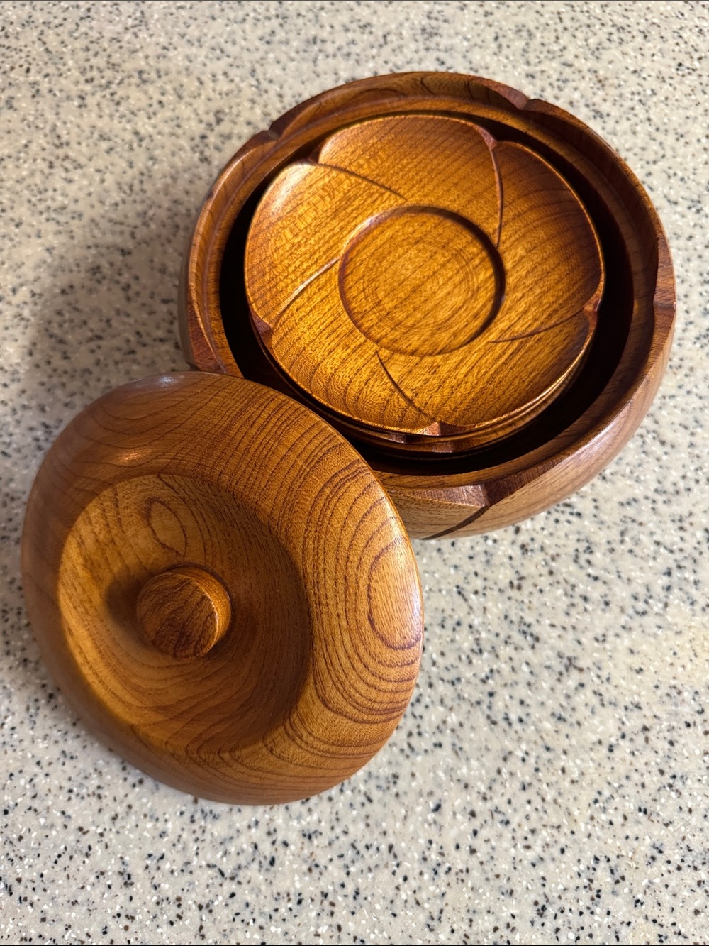 Vintage Japanese Handcrafted Wooden Lidded Box with Plates - Warm Honey Brown